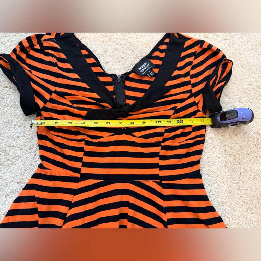 Unique Vintage Orange and Black Striped Midi Flare Dress Size Small - Picture 8 of 9